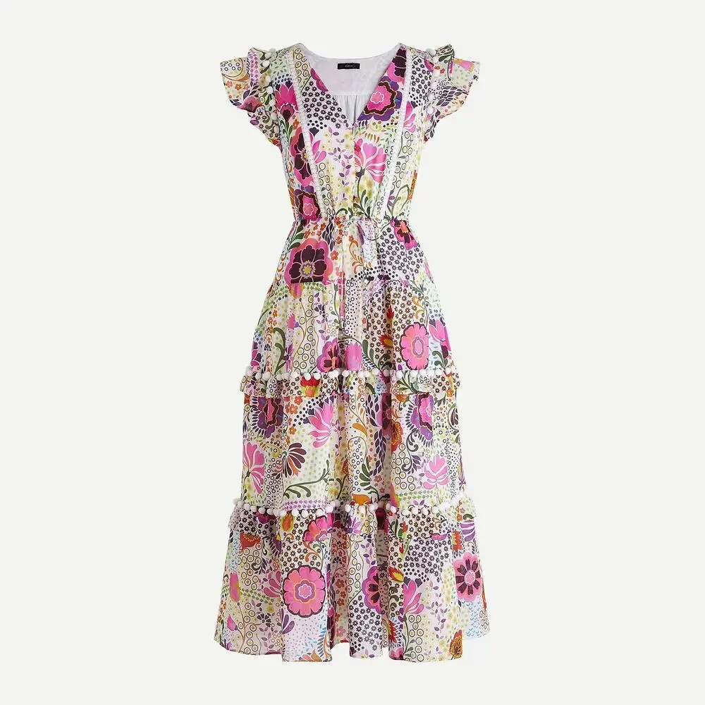 J.Crew Ratti Retro Floral Pom Pom Midi Dress White Size 6 AK624 - Picture 5 of 16
